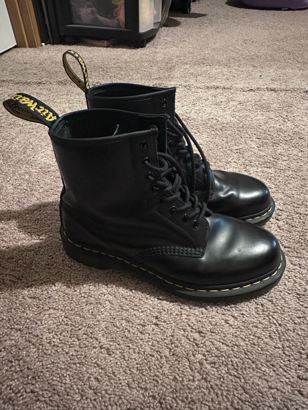 Dr. Martens Black Smooth Leather 8-Eye Lace-Up Boots with Yellow Stitching
